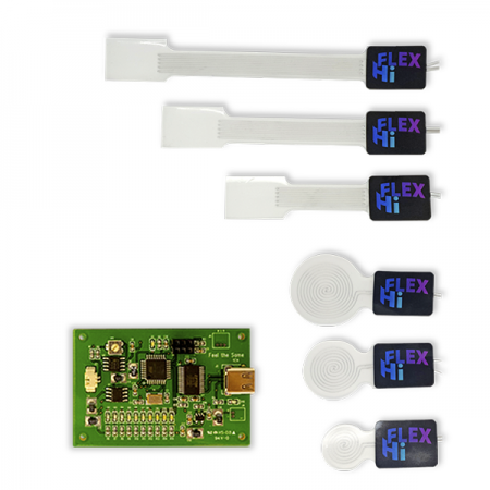 디바이스마트,센서 > 압력/힘(Force)센서 > 압력센서/트랜스듀서,필더세임,HiFLEX Developer Kit B,인장 또는 압력이 발생하면 패턴이 늘어나거나 줄어들면서 저항이 바뀝니다. 이 저항 값의 변화로 인장의 세기와 압력의 세기를 측정 / 압력 센서 각 3개 & 인장 센서 S,M,L 사이즈로 3개, 테스트 보드 1개