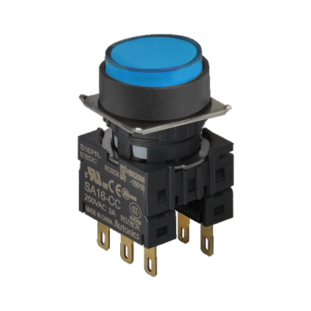 디바이스마트,스위치/부저/전기부품 > 산업용 스위치/제어 기기 > 제어/안전 스위치 > 누름버튼 스위치(22파이 이하),(주)오토닉스,16파이 누름버튼 스위치 S16PR-E2B2C,원형 / 청색 / 비복귀형 / C접점 2개 / 전원전압,전류: 250VAC~/3A / IP65(IEC 규격) ★재고 없을 시 10일 이상소요