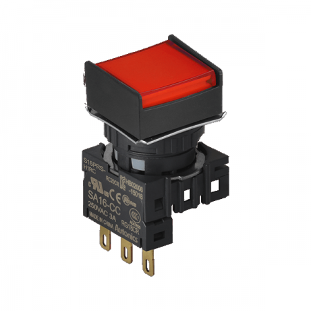 디바이스마트,스위치/부저/전기부품 > 산업용 스위치/제어 기기 > 제어/안전 스위치 > 누름버튼 스위치(22파이 이하),(주)오토닉스,16파이 누름버튼 스위치 S16PRS-H1RC,정사각형 / 적색 / 복귀형 / C접점 1개 / IP65(IEC 규격) / 전원전압,전류: 250VAC~/3A ★재고 없을 시 10일 이상소요