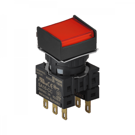 디바이스마트,스위치/부저/전기부품 > 산업용 스위치/제어 기기 > 제어/안전 스위치 > 누름버튼 스위치(22파이 이하),(주)오토닉스,16파이 누름버튼 스위치 S16PRS-H2R2C,정사각형 / 적색 / 비복귀형 / C접점 2개 / IP65(IEC 규격) / 전원전압,전류: 250VAC~/3A ★재고 없을 시 10일 이상소요