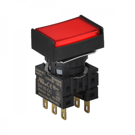 디바이스마트,스위치/부저/전기부품 > 산업용 스위치/제어 기기 > 제어/안전 스위치 > 누름버튼 스위치(22파이 이하),(주)오토닉스,16파이 누름버튼 스위치 S16PRT-H2R2C,직사각형 / 적색 / 비복귀형 / C접점 2개 / IP65(IEC 규격) / 전원전압,전류: 250VAC~/3A ★재고 없을 시 10일 이상소요