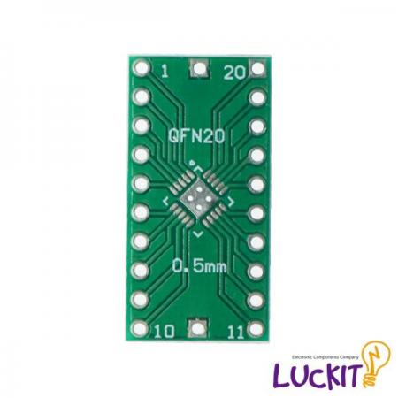 디바이스마트,커넥터/PCB > PCB기판/관련상품 > IC 변환기판 > QFN/MLF/MLP 변환기판,럭킷,QFN20 0.5mm, 0.65mm 양면 변환보드,QFN20 0.5mm PITCH 혹은 0.65mm PITCH IC를 DIP으로 변환하여 사용이 가능한 양면 변환보드 입니다 / 재질 : FR-4 / SIZE : 12.74 X 25.4 [MM]