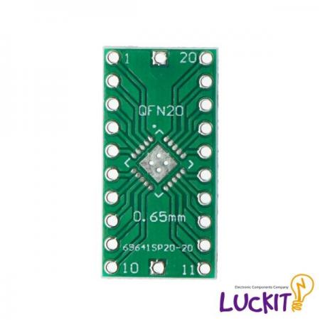 디바이스마트,커넥터/PCB > PCB기판/관련상품 > IC 변환기판 > QFN/MLF/MLP 변환기판,럭킷,QFN20 0.5mm, 0.65mm 양면 변환보드,QFN20 0.5mm PITCH 혹은 0.65mm PITCH IC를 DIP으로 변환하여 사용이 가능한 양면 변환보드 입니다 / 재질 : FR-4 / SIZE : 12.74 X 25.4 [MM]