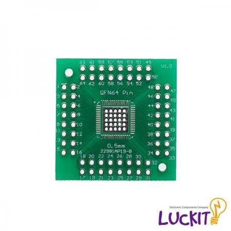 디바이스마트,커넥터/PCB > PCB기판/관련상품 > IC 변환기판 > QFN/MLF/MLP 변환기판,럭킷,QFN56, QFN64 양면 변환보드,QFN56 혹은 QFN64 IC를 DIP으로 변환하여 사용이 가능한 양면 변환보드 입니다 / 재질 : FR-4 / SIZE : 33 X 33 [MM]