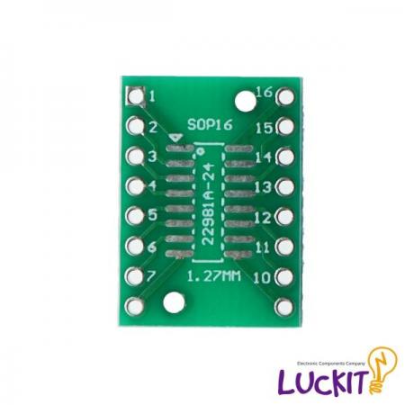 디바이스마트,커넥터/PCB > PCB기판/관련상품 > IC 변환기판 > SOP/TSOP 변환기판,럭킷,SOP16, SSOP16 양면 변환보드,SOP16 혹은 SSOP16 IC를 DIP으로 변환하여 사용이 가능한 양면 변환보드 입니다 / 재질 : FR-4 / SIZE : 15.6 X 21 [MM]