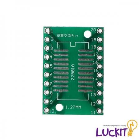 디바이스마트,커넥터/PCB > PCB기판/관련상품 > IC 변환기판 > SOP/TSOP 변환기판,럭킷,SOP20, SSOP20 양면 변환보드,SOP20 혹은 SSOP20 IC를 DIP으로 변환하여 사용이 가능한 양면 변환보드 입니다 / 재질 : FR-4 / SIZE : 17.78 X 25.4 [MM]