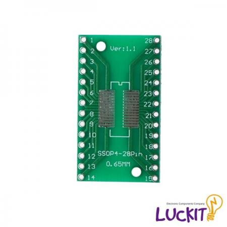 디바이스마트,커넥터/PCB > PCB기판/관련상품 > IC 변환기판 > SOP/TSOP 변환기판,럭킷,SOP28, SSOP28 양면 변환보드,SOP28 혹은 SSOP28 IC를 DIP으로 변환하여 사용이 가능한 양면 변환보드 입니다 / 재질 : FR-4 / SIZE : 20.3 X 35.5 [MM]