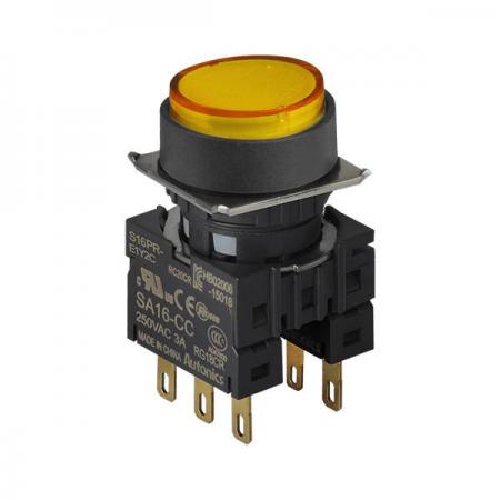 디바이스마트,스위치/부저/전기부품 > 산업용 스위치/제어 기기 > 제어/안전 스위치 > 누름버튼 스위치(22파이 이하),(주)오토닉스,16파이 누름버튼 스위치 S16PR-E2Y2C,원형 / 황색 / 비복귀형 / C접점 2개 / 전원전압,전류: 250VAC~/3A / IP65(IEC 규격) ★재고 없을 시 10일 이상소요