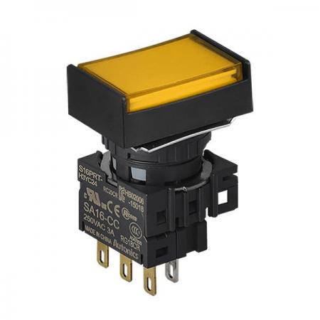 디바이스마트,스위치/부저/전기부품 > 산업용 스위치/제어 기기 > 제어/안전 스위치 > 누름버튼 스위치(22파이 이하),(주)오토닉스,16파이 누름버튼 스위치 S16PRT-H4YC5,직사각형 / 황색 / [조광형] 비복귀형 / C접점 1개 / LED블록 정격전압: 5VDC / 전원전압,전류: 250VAC~/3A / IP65(IEC 규격) ★재고 없을 시 10일 이상소요