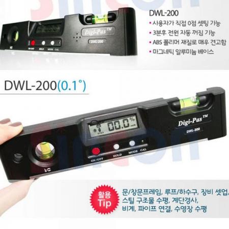 디바이스마트,계측기/측정공구 > 측정용 공구/장비 > 수평계/경사계/각도기,신콘,디지털 수평기 레벨기 DWL-200,배율 : 0.1º / 정밀도 : ±0.1º/0, ／±0.2º/0 외 / 측정 범위 : 0~±90℃ / 측정값 홀딩 / 사이즈 : 200*43*18mm