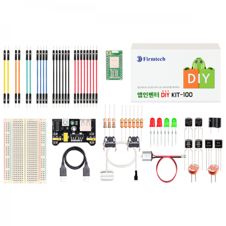 디바이스마트,오픈소스/코딩교육 > 코딩교육 키트/로봇 > 기타,(주)펌테크,앱인벤터 DIY KIT-100,7종류 실습이 가능 / 앱인벤터를 사용하여 코딩한 스마트폰 APP으로 브레드보드 상에 직접 구성한 외부 장치를 제어하는 현장 실습형 교육용 키트