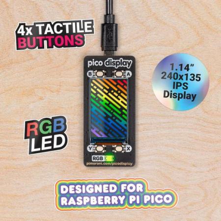 디바이스마트,MCU보드/전자키트 > 디스플레이 > LCD/OLED,Pimoroni,Pico Display Pack [PIM543],라즈베리파이 Pico 호환 디스플레이 / 1.14인치 IPS LCD / 240x135 픽셀 / 버튼 4개 / RGB LED 내장 / 53mm x 25mm x 9mm / C, C++, Python 프로그래밍 가능