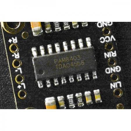 디바이스마트,MCU보드/전자키트 > 음악/앰프/녹음 > 앰프/증폭,DFROBOT,Fermion: PAM8403 3W Mini Audio Stereo Amplifier - W2.54 (Breakout) [DFR0119-O],스테레오 서라운드 사운드 구현 가능 / 입력 전원 3.3-5.5V / 파워 3W (4Ω, 5V) / 핀 간격 2.54mm / 18x20mm