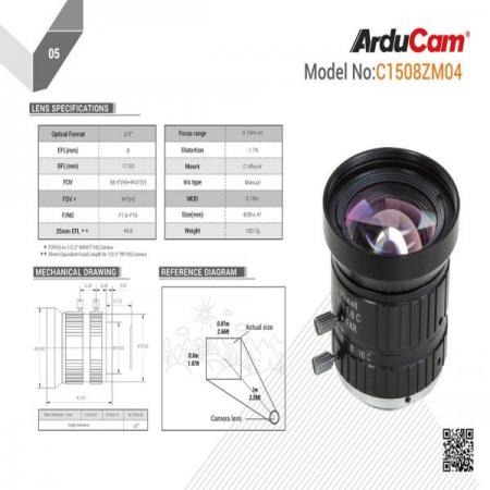 디바이스마트,MCU보드/전자키트 > 카메라/비디오 > 스캐너/기타/악세사리,ArduCAM,Arducam C-Mount 8mm 수동 초점 렌즈 [LN043],초점 유형 : 수동 / 초점 거리 : 8mm / 마운트 : C 마운트
