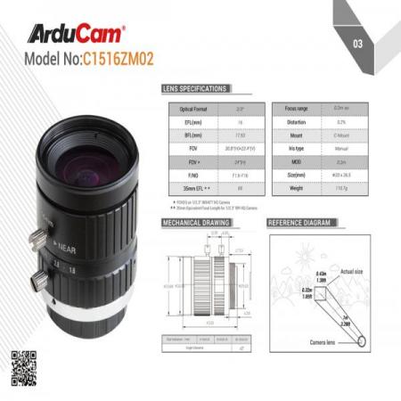 디바이스마트,MCU보드/전자키트 > 카메라/비디오 > 스캐너/기타/악세사리,ArduCAM,Arducam C-Mount 16mm 수동 초점 렌즈 [LN045],초점 유형 : 수동 / 초점 거리 : 12mm / 마운트 : C 마운트
