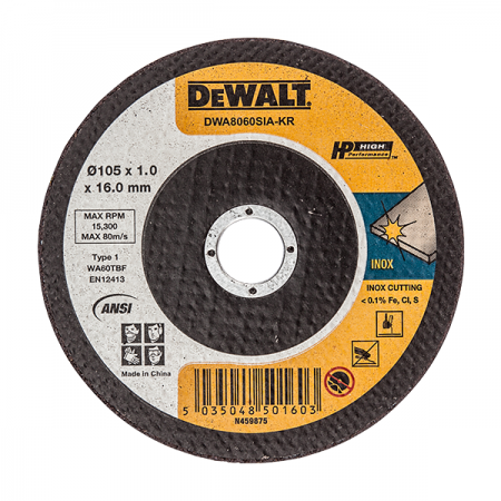디바이스마트,수공구/전자공구/전동공구 > 작업공구 > 절단석,디월트,5인치 그라인더 절단석 DWA8063SIA,사이즈 125 x 1.0(두께) x 16(홀지름) mm / 용도 스테인리스 금속용 절단석 / 최대RPM 12,250 /  사양 WA 60 T BF / 원산지 중국