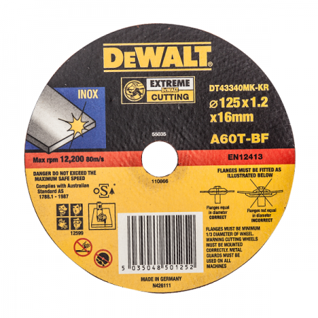 디바이스마트,수공구/전자공구/전동공구 > 작업공구 > 절단석,디월트,5인치 그라인더 절단석 DT43340MK,사이즈 125 x 1.2(두께) x 16(홀지름) mm / 용도 스테인리스 금속용 프리미엄 절단석 / 최대RPM 12,200 /  사양 A 60 T BF / 원산지 독일