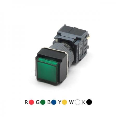 디바이스마트,스위치/부저/전기부품 > 산업용 스위치/제어 기기 > 제어/안전 스위치 > 누름버튼 스위치(22파이 이하),KACON,16파이 조광형 누름복귀 스위치 F16-281 (정사각형),16∅ / PBL / 누름복귀 / 정사각형 / 1A1B / 6,12,24VDC 선택 / Red / Green / Yellow / White / Blue / Black 선택