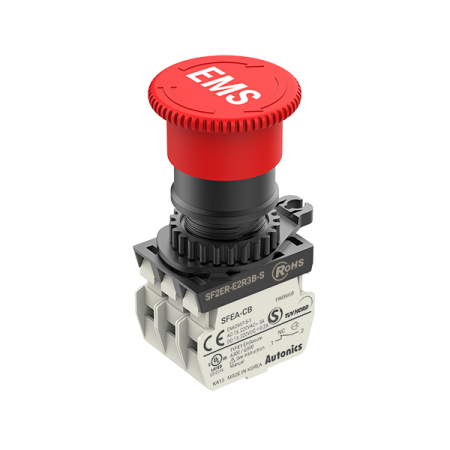 디바이스마트,스위치/부저/전기부품 > 산업용 스위치/제어 기기 > 제어/안전 스위치 > 비상 정지 스위치(25파이 이상),(주)오토닉스,비상정지버튼 SF2ER-E2R3B-S (EMS),비상정지버튼스위치 / 푸쉬-록,턴-리셋 / 버튼형태:D40(short head, 비조광형) / 적색 / 접점:B접점 3개 / 타입:EMS / 정격전압:110VAC, 220VAC, 24VDC