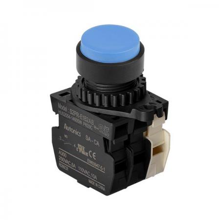 디바이스마트,스위치/부저/전기부품 > 산업용 스위치/제어 기기 > 제어/안전 스위치 > 누름버튼 스위치(25파이 이상),(주)오토닉스,Ø22/25 누름버튼 스위치 S2PR-E1B2ABM,취부경 Ø22/25 누름버튼스위치 / 외형:원형 / 버튼형태:[비조광형] 버튼돌출형 / 색상:청색 / 화살표방향:일반 / 접점블록:A접점 2개, B접점 1개 / LED블록:없음 / 구형 접점블록
