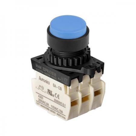 디바이스마트,스위치/부저/전기부품 > 산업용 스위치/제어 기기 > 제어/안전 스위치 > 누름버튼 스위치(25파이 이상),(주)오토닉스,Ø22/25 누름버튼 스위치 S2PR-E1B3BM,취부경 Ø22/25 누름버튼스위치 / 외형:원형 / 버튼형태:[비조광형] 버튼돌출형 / 색상:청색 / 화살표방향:일반 / 접점블록:B접점 3개 / LED블록:없음 / 구형 접점블록