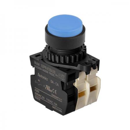 디바이스마트,스위치/부저/전기부품 > 산업용 스위치/제어 기기 > 제어/안전 스위치 > 누름버튼 스위치(25파이 이상),(주)오토닉스,Ø22/25 누름버튼 스위치 S2PR-E1BA2B,취부경 Ø22/25 누름버튼스위치 / 외형:원형 / 버튼형태:[비조광형] 버튼돌출형 / 색상:청색 / 화살표방향:일반 / 접점블록:A접점 1개, B접점 2개 / LED블록:없음 / 신형 접점블록