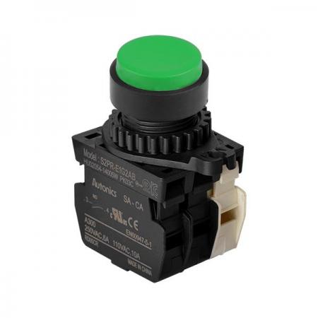 디바이스마트,스위치/부저/전기부품 > 산업용 스위치/제어 기기 > 제어/안전 스위치 > 누름버튼 스위치(25파이 이상),(주)오토닉스,Ø22/25 누름버튼 스위치 S2PR-E1G2ABM,취부경 Ø22/25 누름버튼스위치 / 외형:원형 / 버튼형태:[비조광형] 버튼돌출형 / 색상:녹색 / 화살표방향:일반 / 접점블록:A접점 2개, B접점 1개 / LED블록:없음 / 구형 접점블록
