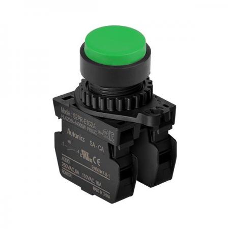 디바이스마트,스위치/부저/전기부품 > 산업용 스위치/제어 기기 > 제어/안전 스위치 > 누름버튼 스위치(25파이 이상),(주)오토닉스,Ø22/25 누름버튼 스위치 S2PR-E1G2AM,취부경 Ø22/25 누름버튼스위치 / 외형:원형 / 버튼형태:[비조광형] 버튼돌출형 / 색상:녹색 / 화살표방향:일반 / 접점블록:A접점 2개 / LED블록:없음 / 구형 접점블록