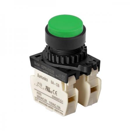 디바이스마트,스위치/부저/전기부품 > 산업용 스위치/제어 기기 > 제어/안전 스위치 > 누름버튼 스위치(25파이 이상),(주)오토닉스,Ø22/25 누름버튼 스위치 S2PR-E1G2B,취부경 Ø22/25 누름버튼스위치 / 외형:원형 / 버튼형태:[비조광형] 버튼돌출형 / 색상:녹색 / 화살표방향:일반 / 접점블록:B접점 2개 / LED블록:없음 / 신형 접점블록