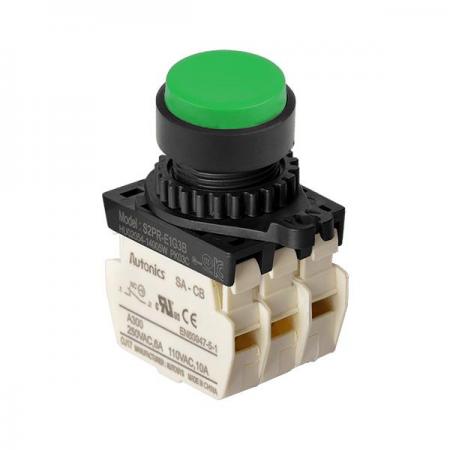 디바이스마트,스위치/부저/전기부품 > 산업용 스위치/제어 기기 > 제어/안전 스위치 > 누름버튼 스위치(25파이 이상),(주)오토닉스,Ø22/25 누름버튼 스위치 S2PR-E1G3B,취부경 Ø22/25 누름버튼스위치 / 외형:원형 / 버튼형태:[비조광형] 버튼돌출형 / 색상:녹색 / 화살표방향:일반 / 접점블록:B접점 3개 / LED블록:없음 / 신형 접점블록