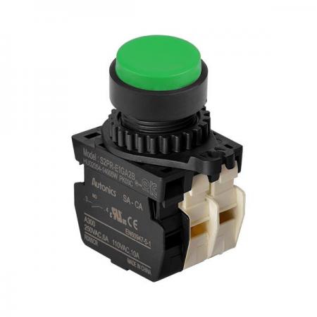 디바이스마트,스위치/부저/전기부품 > 산업용 스위치/제어 기기 > 제어/안전 스위치 > 누름버튼 스위치(25파이 이상),(주)오토닉스,Ø22/25 누름버튼 스위치 S2PR-E1GA2BM,취부경 Ø22/25 누름버튼스위치 / 외형:원형 / 버튼형태:[비조광형] 버튼돌출형 / 색상:녹색 / 화살표방향:일반 / 접점블록:A접점 1개, B접점 2개 / LED블록:없음 / 구형 접점블록