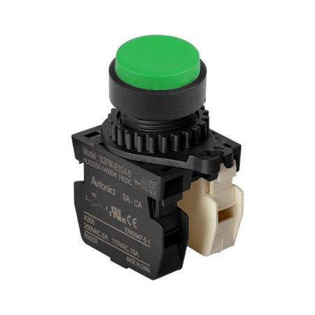 디바이스마트,스위치/부저/전기부품 > 산업용 스위치/제어 기기 > 제어/안전 스위치 > 누름버튼 스위치(25파이 이상),(주)오토닉스,Ø22/25 누름버튼 스위치 S2PR-E1GABM,취부경 Ø22/25 누름버튼스위치 / 외형:원형 / 버튼형태:[비조광형] 버튼돌출형 / 색상:녹색 / 화살표방향:일반 / 접점블록:A접점 1개, B접점 1개 / LED블록:없음 / 구형 접점블록