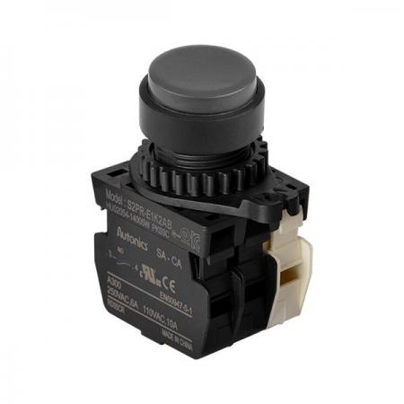 디바이스마트,스위치/부저/전기부품 > 산업용 스위치/제어 기기 > 제어/안전 스위치 > 누름버튼 스위치(25파이 이상),(주)오토닉스,Ø22/25 누름버튼 스위치 S2PR-E1K2ABM,취부경 Ø22/25 누름버튼스위치 / 외형:원형 / 버튼형태:[비조광형] 버튼돌출형 / 색상:흑색 / 화살표방향:일반 / 접점블록:A접점 2개, B접점 1개 / LED블록:없음 / 구형 접점블록