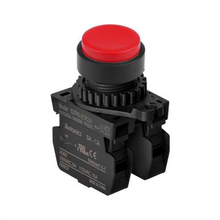 디바이스마트,스위치/부저/전기부품 > 산업용 스위치/제어 기기 > 제어/안전 스위치 > 누름버튼 스위치(25파이 이상),(주)오토닉스,Ø22/25 누름버튼 스위치 S2PR-E1R2AM,취부경 Ø22/25 누름버튼스위치 / 외형:원형 / 버튼형태:[비조광형] 버튼돌출형 / 색상:적색 / 화살표방향:일반 / 접점블록:A접점 2개 / LED블록:없음 / 구형 접점블록