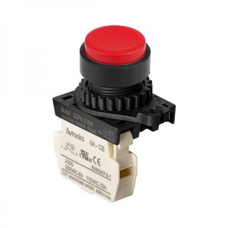 디바이스마트,스위치/부저/전기부품 > 산업용 스위치/제어 기기 > 제어/안전 스위치 > 누름버튼 스위치(25파이 이상),(주)오토닉스,Ø22/25 누름버튼 스위치 S2PR-E1RB,취부경 Ø22/25 누름버튼스위치 / 외형:원형 / 버튼형태:[비조광형] 버튼돌출형 / 색상:적색 / 화살표방향:일반 / 접점블록:B접점 1개 / LED블록:없음 / 신형 접점블록