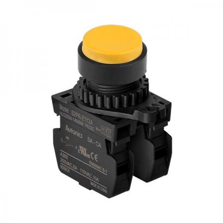 디바이스마트,스위치/부저/전기부품 > 산업용 스위치/제어 기기 > 제어/안전 스위치 > 누름버튼 스위치(25파이 이상),(주)오토닉스,Ø22/25 누름버튼 스위치 S2PR-E1Y2A,취부경 Ø22/25 누름버튼스위치 / 외형:원형 / 버튼형태:[비조광형] 버튼돌출형 / 색상:황색 / 화살표방향:일반 / 접점블록:A접점 2개 / LED블록:없음 / 신형 접점블록