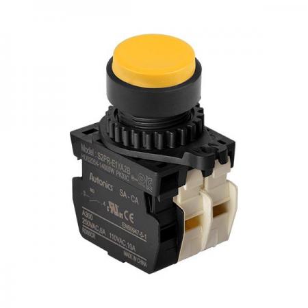 디바이스마트,스위치/부저/전기부품 > 산업용 스위치/제어 기기 > 제어/안전 스위치 > 누름버튼 스위치(25파이 이상),(주)오토닉스,Ø22/25 누름버튼 스위치 S2PR-E1YA2B,취부경 Ø22/25 누름버튼스위치 / 외형:원형 / 버튼형태:[비조광형] 버튼돌출형 / 색상:황색 / 화살표방향:일반 / 접점블록:A접점 1개, B접점 2개 / LED블록:없음 / 신형 접점블록