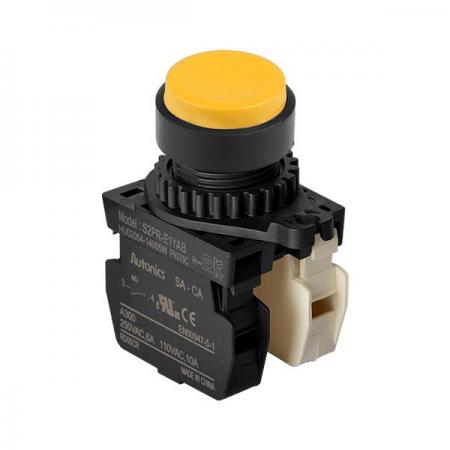 디바이스마트,스위치/부저/전기부품 > 산업용 스위치/제어 기기 > 제어/안전 스위치 > 누름버튼 스위치(25파이 이상),(주)오토닉스,Ø22/25 누름버튼 스위치 S2PR-E1YABM,취부경 Ø22/25 누름버튼스위치 / 외형:원형 / 버튼형태:[비조광형] 버튼돌출형 / 색상:황색 / 화살표방향:일반 / 접점블록:A접점 1개, B접점 1개 / LED블록:없음 / 구형 접점블록