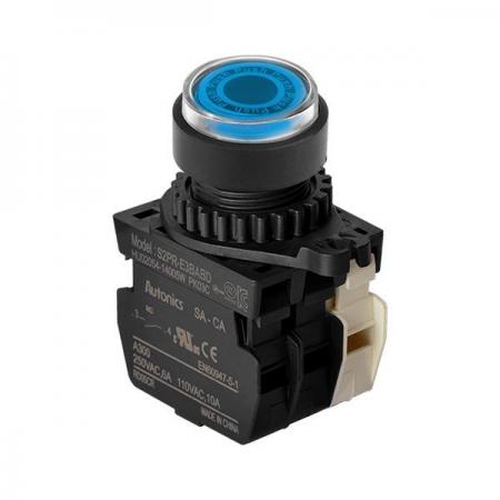 디바이스마트,스위치/부저/전기부품 > 산업용 스위치/제어 기기 > 제어/안전 스위치 > 누름버튼 스위치(25파이 이상),(주)오토닉스,Ø22/25 누름버튼 스위치 S2PR-E3BABDM,취부경 Ø22/25 누름버튼스위치 / 외형:원형 / 버튼형태:[조광형] 버튼돌출형 / 색상:청색 / 화살표방향:일반 / 접점블록:A접점 1개, B접점 1개 / LED블록:AC/DC 전압형 / 구형 접점블록