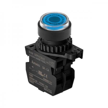 디바이스마트,스위치/부저/전기부품 > 산업용 스위치/제어 기기 > 제어/안전 스위치 > 누름버튼 스위치(25파이 이상),(주)오토닉스,Ø22/25 누름버튼 스위치 S2PR-E3BADM,취부경 Ø22/25 누름버튼스위치 / 외형:원형 / 버튼형태:[조광형] 버튼돌출형 / 색상:청색 / 화살표방향:일반 / 접점블록:A접점 1개 / LED블록:AC/DC 전압형 / 구형 접점블록