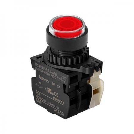 디바이스마트,스위치/부저/전기부품 > 산업용 스위치/제어 기기 > 제어/안전 스위치 > 누름버튼 스위치(25파이 이상),(주)오토닉스,Ø22/25 누름버튼 스위치 S2PR-E3RABD,취부경 Ø22/25 누름버튼스위치 / 외형:원형 / 버튼형태:[조광형] 버튼돌출형 / 색상:적색 / 화살표방향:일반 / 접점블록:A접점 1개, B접점 1개 / LED블록:AC/DC 전압형 / 신형 접점블록