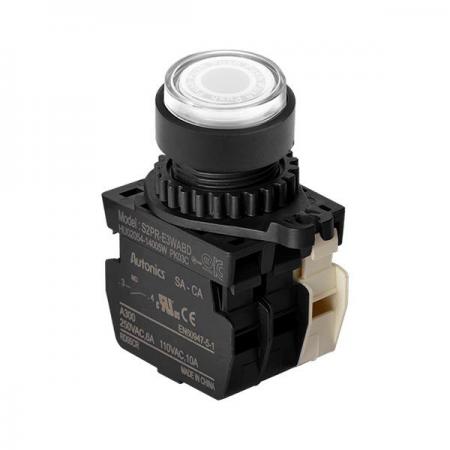 디바이스마트,스위치/부저/전기부품 > 산업용 스위치/제어 기기 > 제어/안전 스위치 > 누름버튼 스위치(25파이 이상),(주)오토닉스,Ø22/25 누름버튼 스위치 S2PR-E3W2BD,취부경 Ø22/25 누름버튼스위치 / 외형:원형 / 버튼형태:[조광형] 버튼돌출형 / 색상:백색 / 화살표방향:일반 / 접점블록:B접점 2개 / LED블록:AC/DC 전압형 / 신형 접점블록