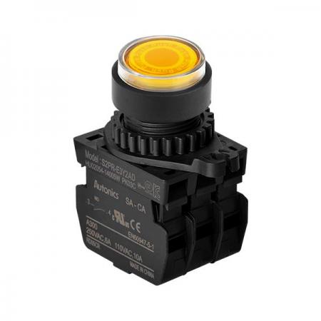디바이스마트,스위치/부저/전기부품 > 산업용 스위치/제어 기기 > 제어/안전 스위치 > 누름버튼 스위치(25파이 이상),(주)오토닉스,Ø22/25 누름버튼 스위치 S2PR-E3Y2ALM,취부경 Ø22/25 누름버튼스위치 / 외형:원형 / 버튼형태:[조광형] 버튼돌출형 / 색상:황색 / 화살표방향:일반 / 접점블록:A접점 2개 / LED블록:AC 전압형 / 구형 접점블록