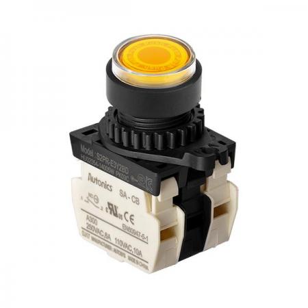 디바이스마트,스위치/부저/전기부품 > 산업용 스위치/제어 기기 > 제어/안전 스위치 > 누름버튼 스위치(25파이 이상),(주)오토닉스,Ø22/25 누름버튼 스위치 S2PR-E3Y2BDM,취부경 Ø22/25 누름버튼스위치 / 외형:원형 / 버튼형태:[조광형] 버튼돌출형 / 색상:황색 / 화살표방향:일반 / 접점블록:B접점 2개 / LED블록:AC/DC 전압형 / 구형 접점블록