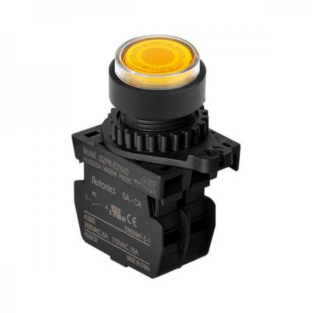 디바이스마트,스위치/부저/전기부품 > 산업용 스위치/제어 기기 > 제어/안전 스위치 > 누름버튼 스위치(25파이 이상),(주)오토닉스,Ø22/25 누름버튼 스위치 S2PR-E3YAL,취부경 Ø22/25 누름버튼스위치 / 외형:원형 / 버튼형태:[조광형] 버튼돌출형 / 색상:황색 / 화살표방향:일반 / 접점블록:A접점 1개 / LED블록:AC 전압형 / 신형 접점블록