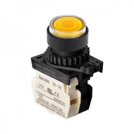 디바이스마트,스위치/부저/전기부품 > 산업용 스위치/제어 기기 > 제어/안전 스위치 > 누름버튼 스위치(25파이 이상),(주)오토닉스,Ø22/25 누름버튼 스위치 S2PR-E3YBL,취부경 Ø22/25 누름버튼스위치 / 외형:원형 / 버튼형태:[조광형] 버튼돌출형 / 색상:황색 / 화살표방향:일반 / 접점블록:B접점 1개 / LED블록:AC 전압형 / 신형 접점블록