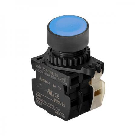 디바이스마트,스위치/부저/전기부품 > 산업용 스위치/제어 기기 > 제어/안전 스위치 > 누름버튼 스위치(25파이 이상),(주)오토닉스,Ø22/25 누름버튼 스위치 S2PR-P1B2ABM,취부경 Ø22/25 누름버튼스위치 / 외형:원형 / 버튼형태:[비조광형] 돌출형 / 색상:청색 / 화살표방향:일반 / 접점블록:A접점 2개, B접점 1개 / LED블록:없음 / 구형 접점블록