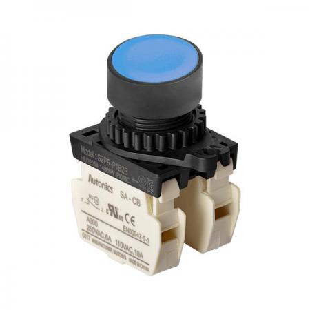 디바이스마트,스위치/부저/전기부품 > 산업용 스위치/제어 기기 > 제어/안전 스위치 > 누름버튼 스위치(25파이 이상),(주)오토닉스,Ø22/25 누름버튼 스위치 S2PR-P1B2B,취부경 Ø22/25 누름버튼스위치 / 외형:원형 / 버튼형태:[비조광형] 돌출형 / 색상:청색 / 화살표방향:일반 / 접점블록:B접점 2개 / LED블록:없음 / 신형 접점블록