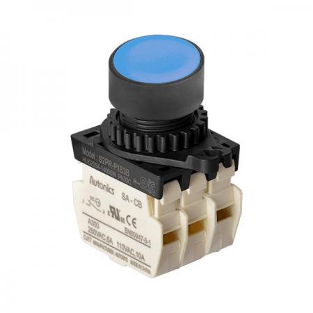 디바이스마트,스위치/부저/전기부품 > 산업용 스위치/제어 기기 > 제어/안전 스위치 > 누름버튼 스위치(25파이 이상),(주)오토닉스,Ø22/25 누름버튼 스위치 S2PR-P1B3BM,취부경 Ø22/25 누름버튼스위치 / 외형:원형 / 버튼형태:[비조광형] 돌출형 / 색상:청색 / 화살표방향:일반 / 접점블록:B접점 3개 / LED블록:없음 / 구형 접점블록