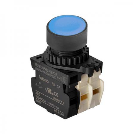 디바이스마트,스위치/부저/전기부품 > 산업용 스위치/제어 기기 > 제어/안전 스위치 > 누름버튼 스위치(25파이 이상),(주)오토닉스,Ø22/25 누름버튼 스위치 S2PR-P1BA2BM,취부경 Ø22/25 누름버튼스위치 / 외형:원형 / 버튼형태:[비조광형] 돌출형 / 색상:청색 / 화살표방향:일반 / 접점블록:A접점 1개, B접점 2개 / LED블록:없음 / 구형 접점블록